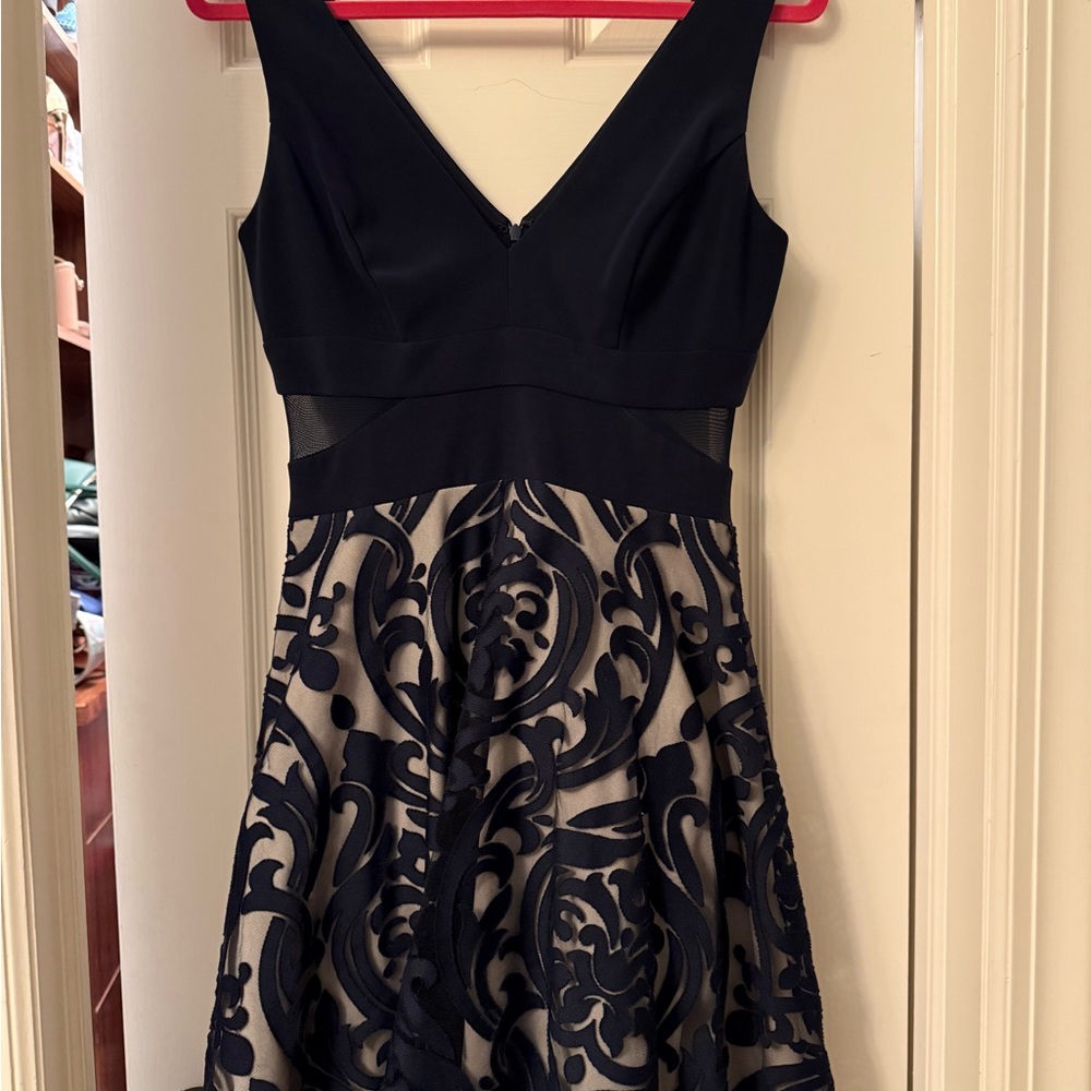 Xscape Navy and Tan Sleeveless V-Neck A-Line Mini Dress